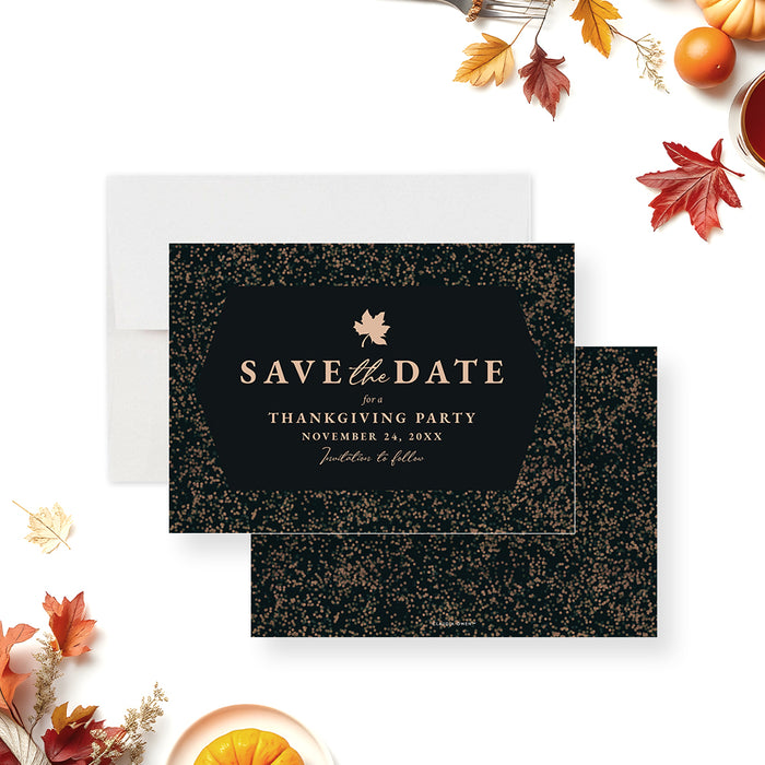 Elegant save the date card with a maple leaf design, perfect for Thanksgiving, Friendsgiving, or autumn dinner parties.-front-back
