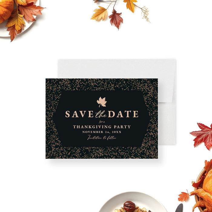 Elegant save the date card with a maple leaf design, perfect for Thanksgiving, Friendsgiving, or autumn dinner parties.-front