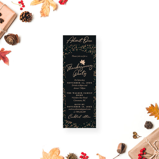 Thanksgiving party invitation ticket featuring a maple leaf design, ideal for classy fall gatherings.