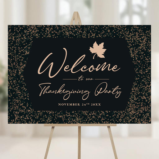 Thanksgiving welcome sign with a maple leaf design in warm autumn colors, perfect for entrances, venues, and fall gatherings.