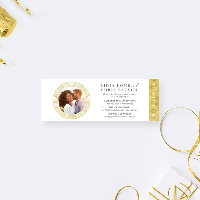 Photo Wedding Ticket Invitation with Golden Frame, Minimalist Ticket for Wedding Celebration with Couples Picture