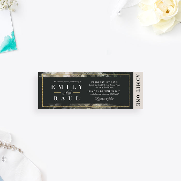 White Carnation Wedding Ticket Invitation, Floral Ticket Invites for Wedding Anniversary Celebration, Elegant Ticket Card for Wedding Shower with White Flowers