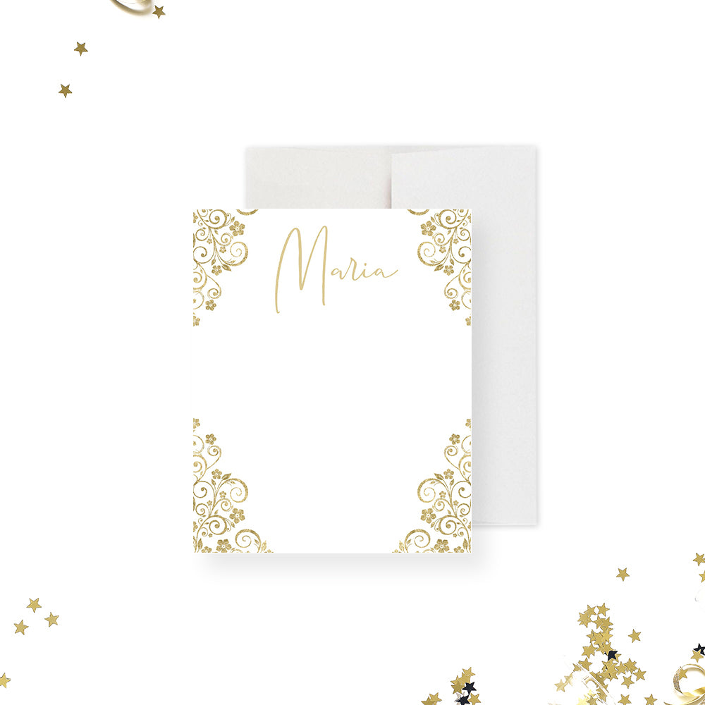 Floral Border Note Card, Personalized Gold and White Stationery with N