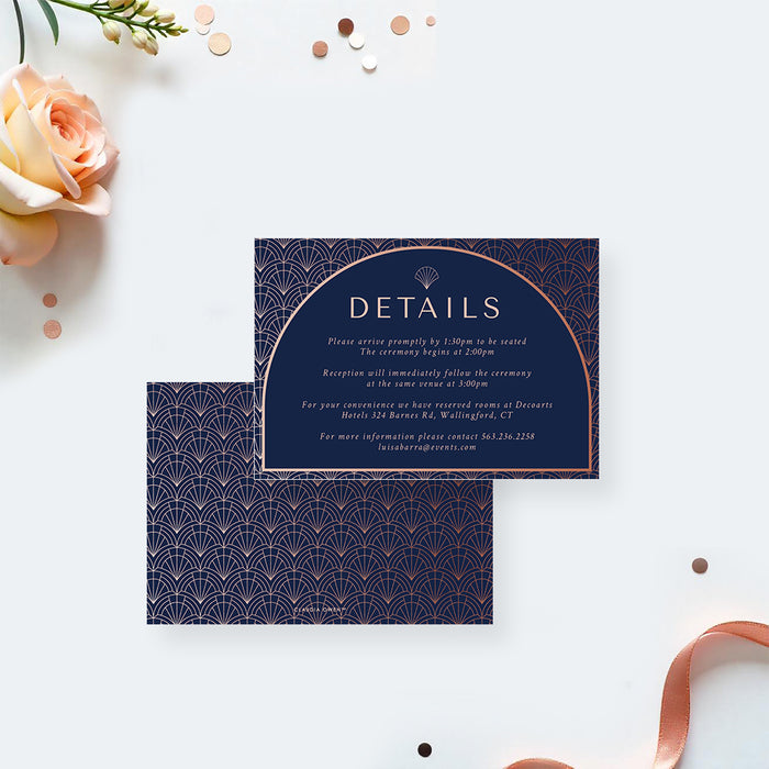 Elegant Navy and Rose Art Deco Wedding Invitation
