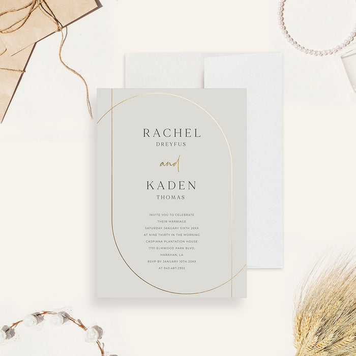 Elegant Gold Arch Wedding Invitation Card in Neutral Tones, Minimalist Chic Wedding Invites