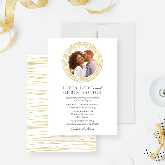 Photo Wedding Invitation Card with Golden Frame, Minimalist Wedding Invitations with Couples Picture