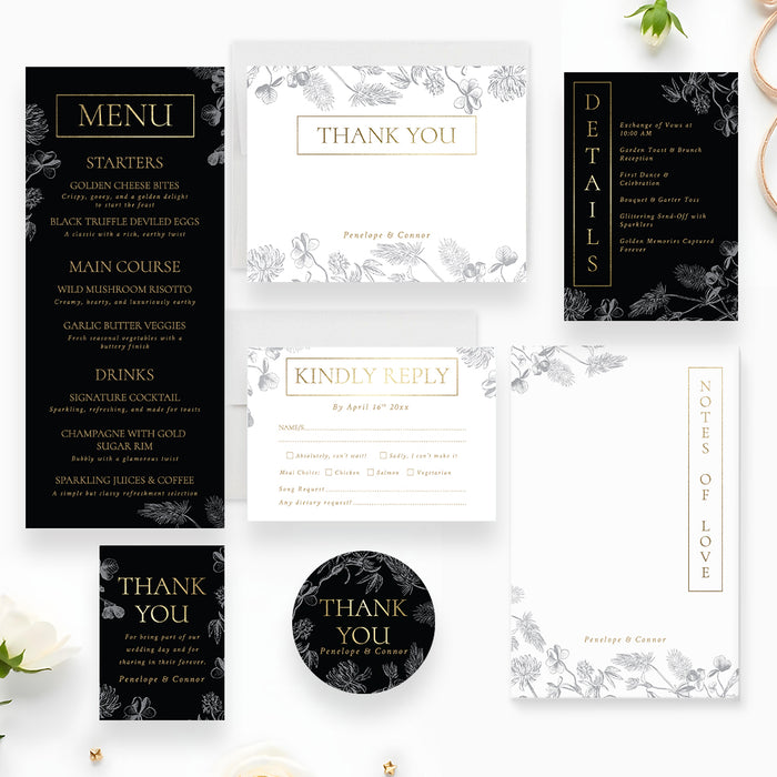 Black Gold Wedding Invitation Vintage Floral Design