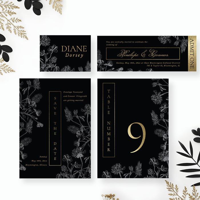 Black Gold Wedding Invitation Vintage Floral Design