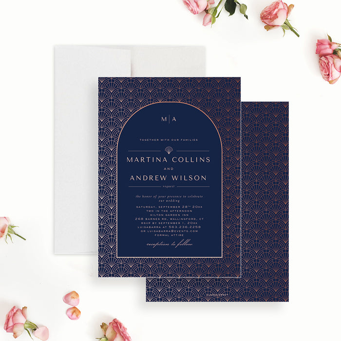 Elegant navy and rose-colored Art Deco wedding invitation featuring a geometric pattern design. -front-back