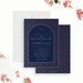 Elegant navy and rose-colored Art Deco wedding invitation featuring a geometric pattern design. -front-back