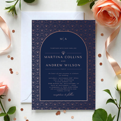 Elegant navy and rose-colored Art Deco wedding invitation featuring a geometric pattern design. -front