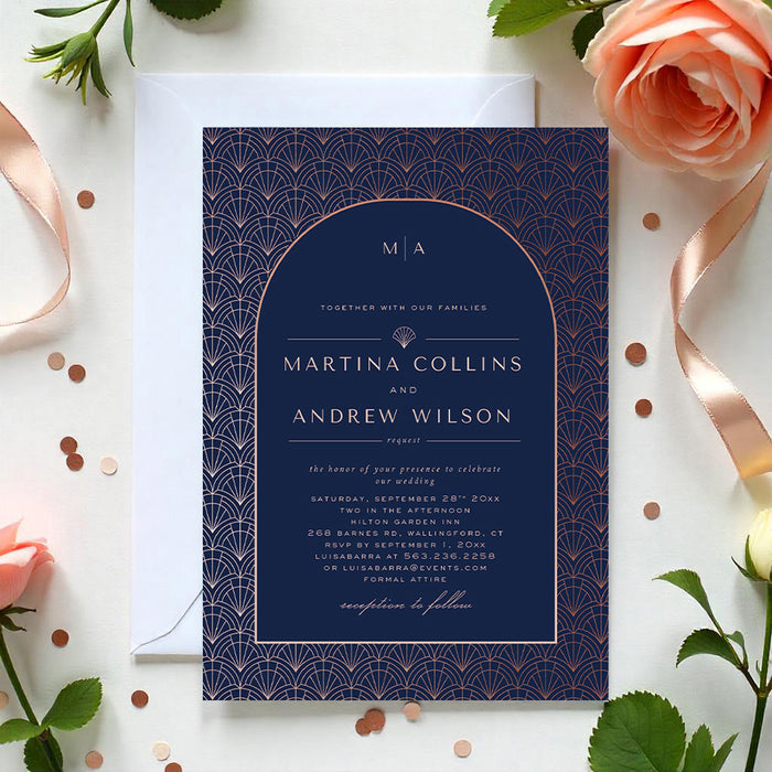 Elegant navy and rose-colored Art Deco wedding invitation featuring a geometric pattern design. -front
