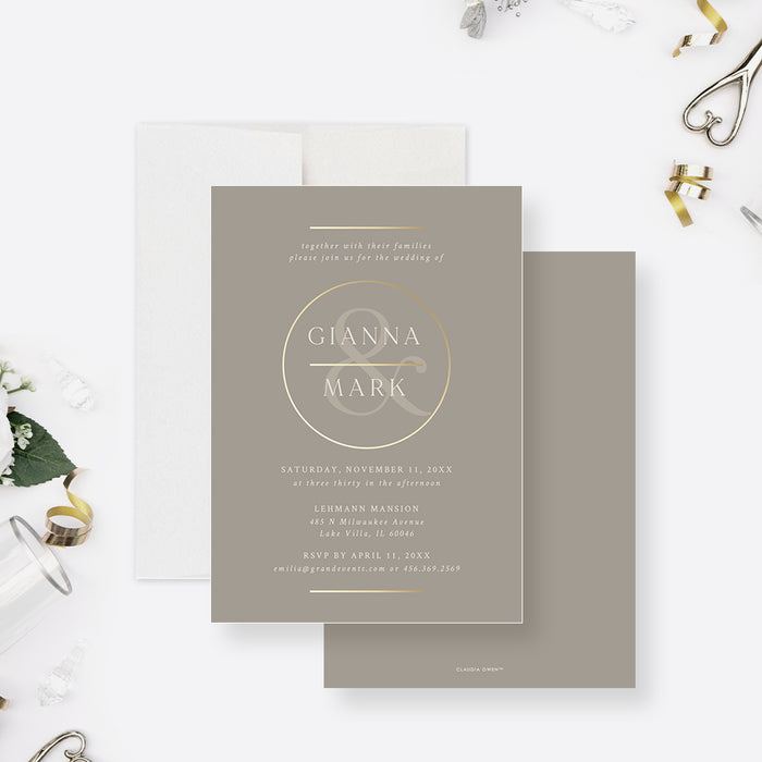 Modern wedding invitation featuring monogram design, ideal for timeless and stylish weddings.-front-back