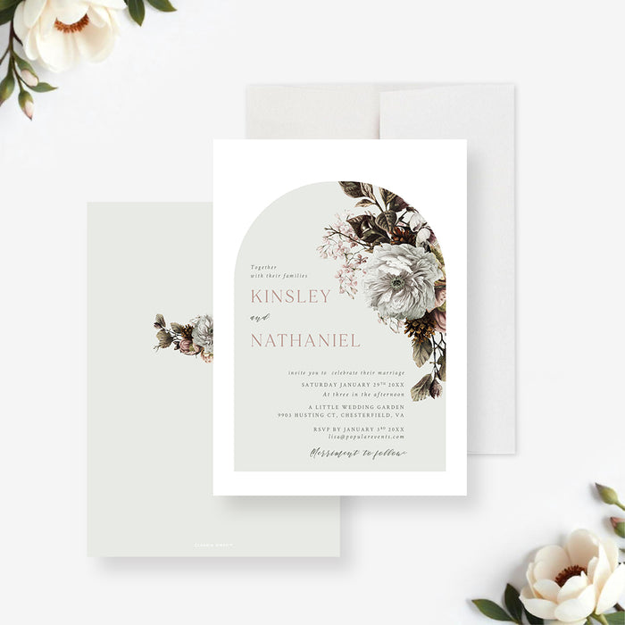Romantic wedding invitation featuring an arch design and vintage floral illustrations, perfect for botanical-themed events.-front-back