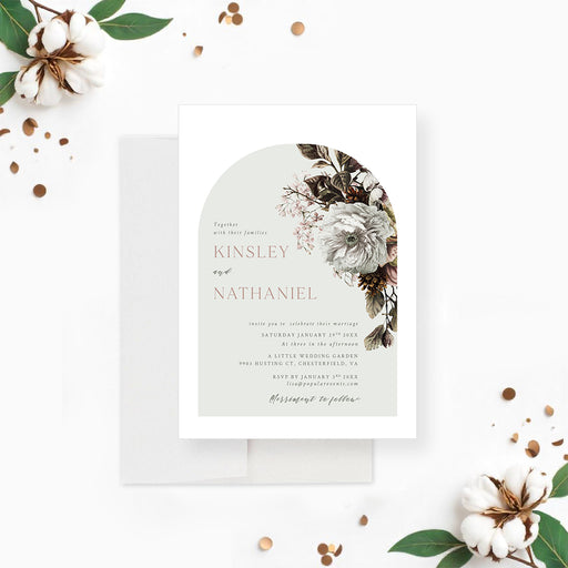 Romantic wedding invitation featuring an arch design and vintage floral illustrations, perfect for botanical-themed events.-front