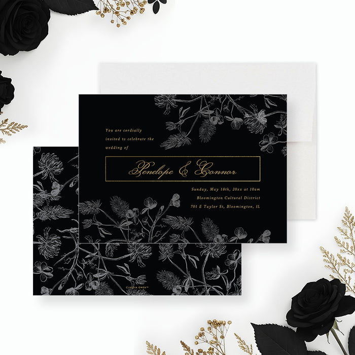 Black and gold floral wedding invitation with elegant vintage foliage design-front-back