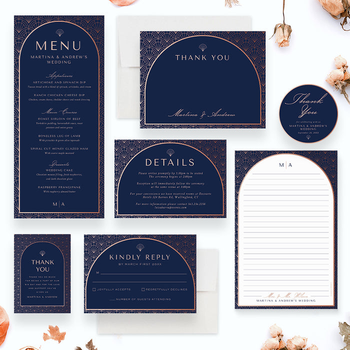 Elegant Navy and Rose Art Deco Wedding Invitation