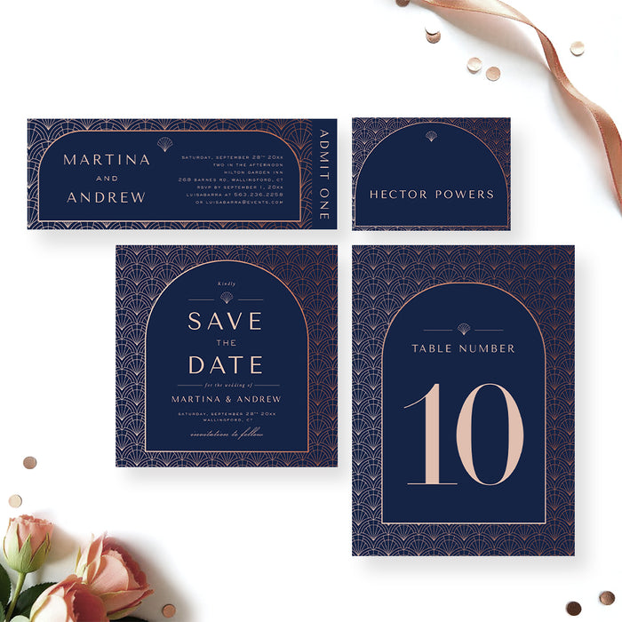 Elegant Navy and Rose Art Deco Wedding Invitation