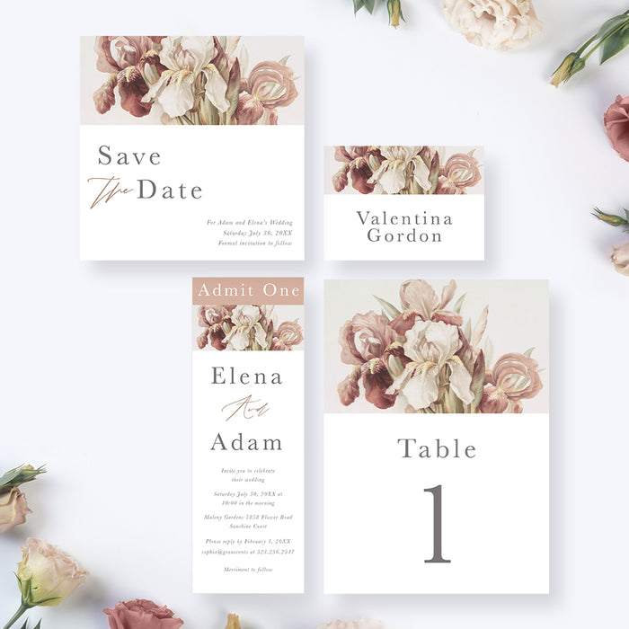 Wedding Invitation Card with Bearded Iris Flower Illustrations, Floral Wedding Invite Cards, Flowery Spring Invites for Wedding Celebration