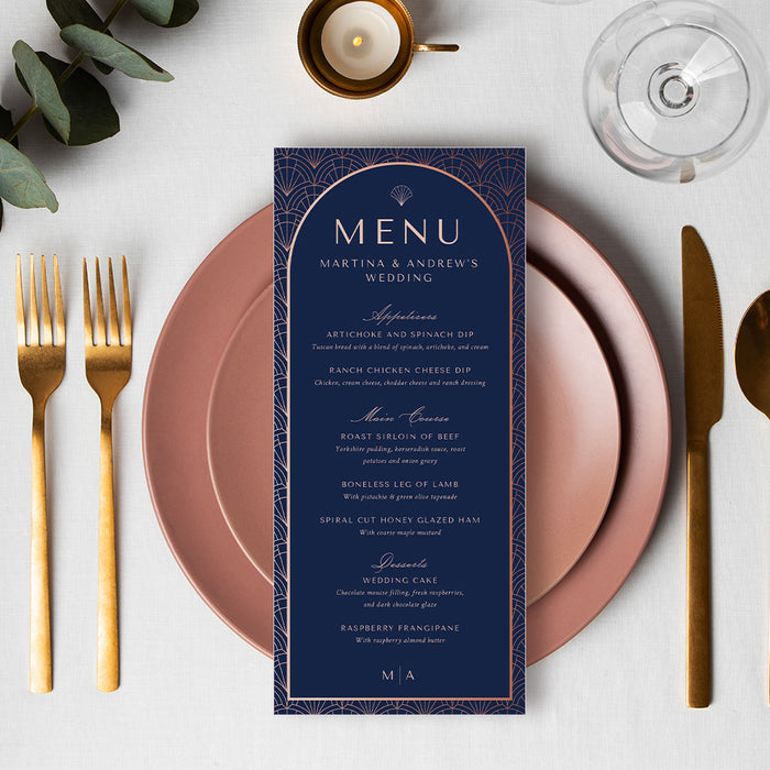 Elegant Navy and Rose Art Deco Wedding Invitation