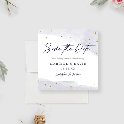 Save the date card for rehearsal dinner with watercolor background and gold stars, customizable details.-front