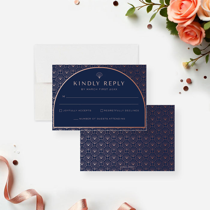 Elegant Navy and Rose Art Deco Wedding Invitation