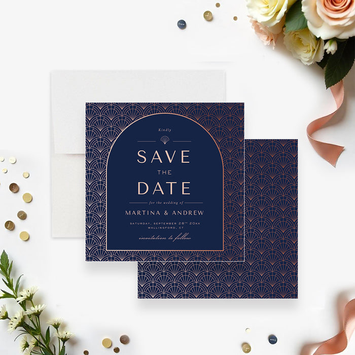 Save the date card featuring navy and rose gold art deco design, ideal for modern, vintage, or 1920s wedding themes.-front-back