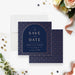 Save the date card featuring navy and rose gold art deco design, ideal for modern, vintage, or 1920s wedding themes.-front-back