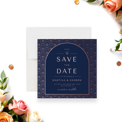 Save the date card featuring navy and rose gold art deco design, ideal for modern, vintage, or 1920s wedding themes.-front