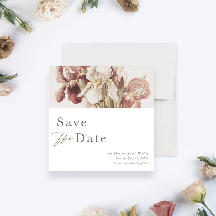 Wedding Save the Date Card with Bearded Iris Flower Illustrations, Floral Wedding Save the Dates, Rustic Flower Save the Date for Wedding Celebration