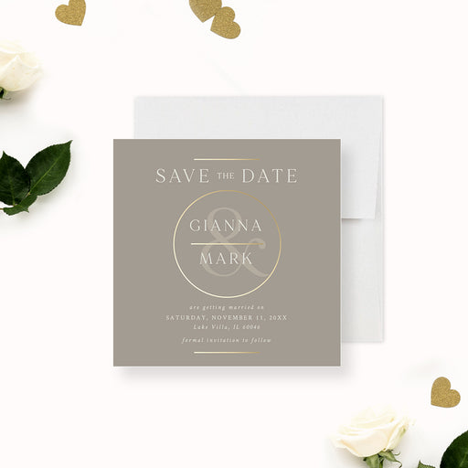 Elegant cream save the date card featuring a monogram design, personalized for your wedding celebrations.-front