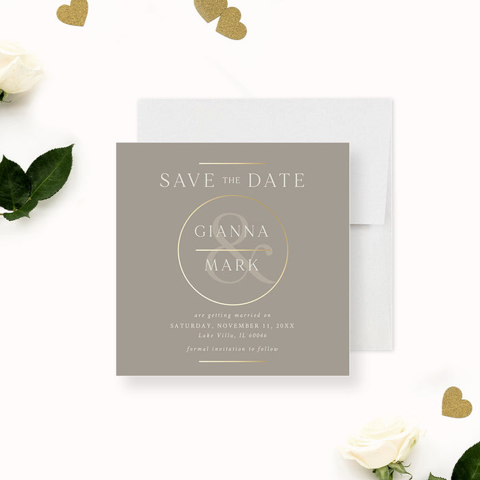 Elegant cream save the date card featuring a monogram design, personalized for your wedding celebrations.-front