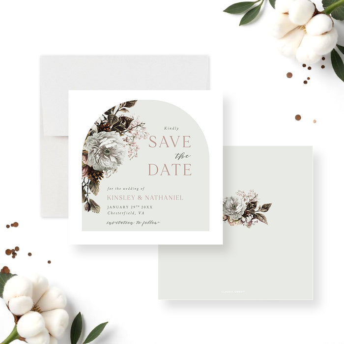 Wedding save the date card featuring vintage botanical flower design, perfect for engagement parties, showers, or anniversaries.-front-back