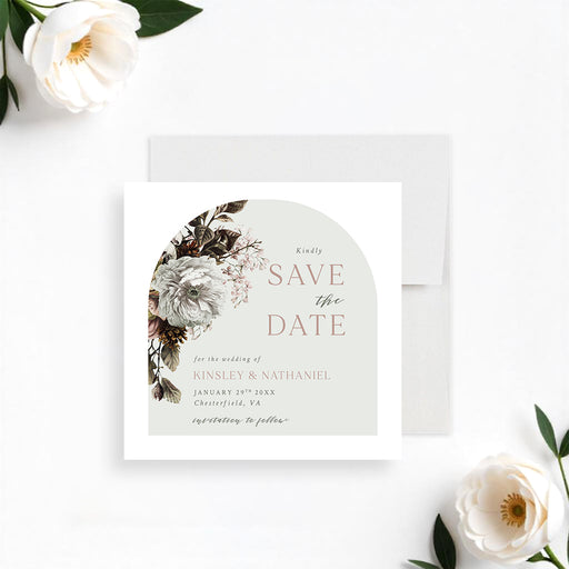 Wedding save the date card featuring vintage botanical flower design, perfect for engagement parties, showers, or anniversaries.-front