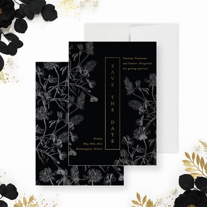 Announce your celebration with this black and gold vintage floral save the date wedding card, designed for timeless and elegant weddings.-front-back