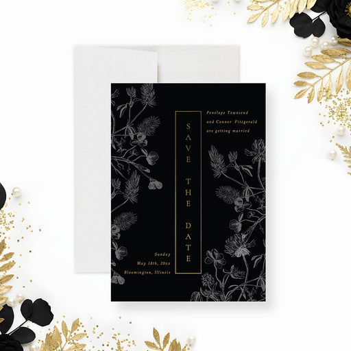 Announce your celebration with this black and gold vintage floral save the date wedding card, designed for timeless and elegant weddings.-front