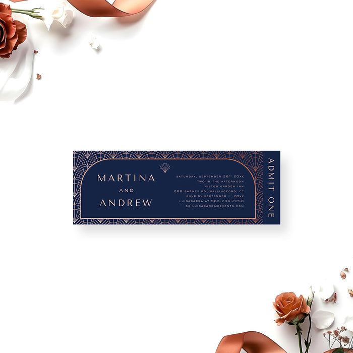 Navy and rose gold art deco wedding ticket invitation, perfect for engagements, anniversaries, and formal occasions.