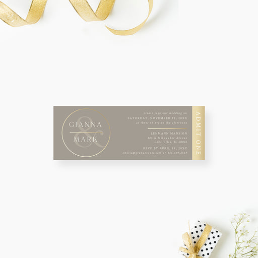 Modern monogram wedding ticket invitation in cream with gold circle design