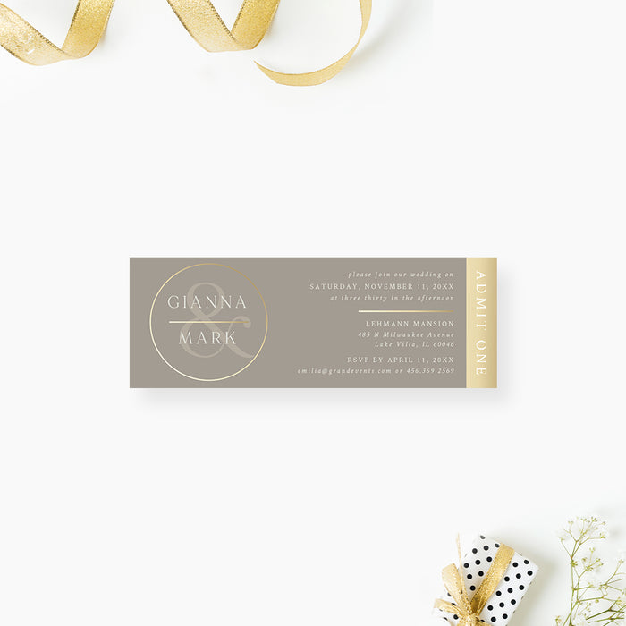 Modern monogram wedding ticket invitation in cream with gold circle design