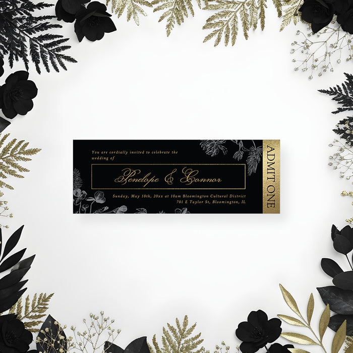 Black and gold vintage floral wedding ticket invitation with elegant typography and decorative botanical details.