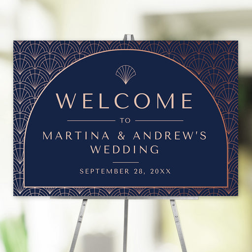 Art Deco navy and rose welcome sign with geometric design, perfect for elegant wedding and event entrances.