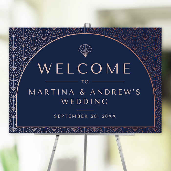 Art Deco navy and rose welcome sign with geometric design, perfect for elegant wedding and event entrances.