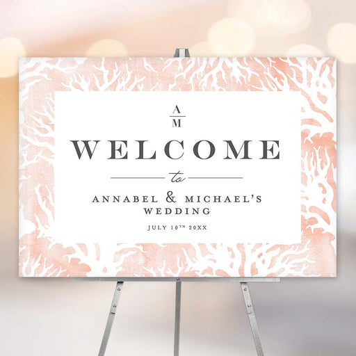 Personalized wedding welcome sign featuring a coral reef design, perfect for tropical or coastal destination weddings.