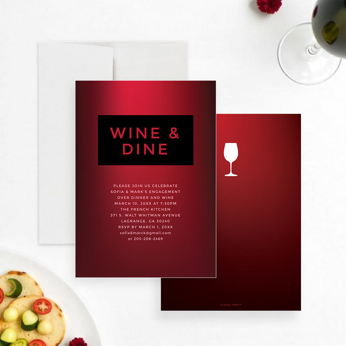 Elegant red and black invitation card with a wine and dine theme, personalized for an engagement dinner or formal event.-front-back