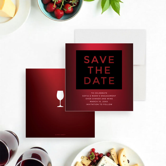 Red save the date card with black text box, inspired by the rich color of red wine, perfect for elegant engagement celebrations.-front-back