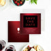 Red save the date card with black text box, inspired by the rich color of red wine, perfect for elegant engagement celebrations.-front-back