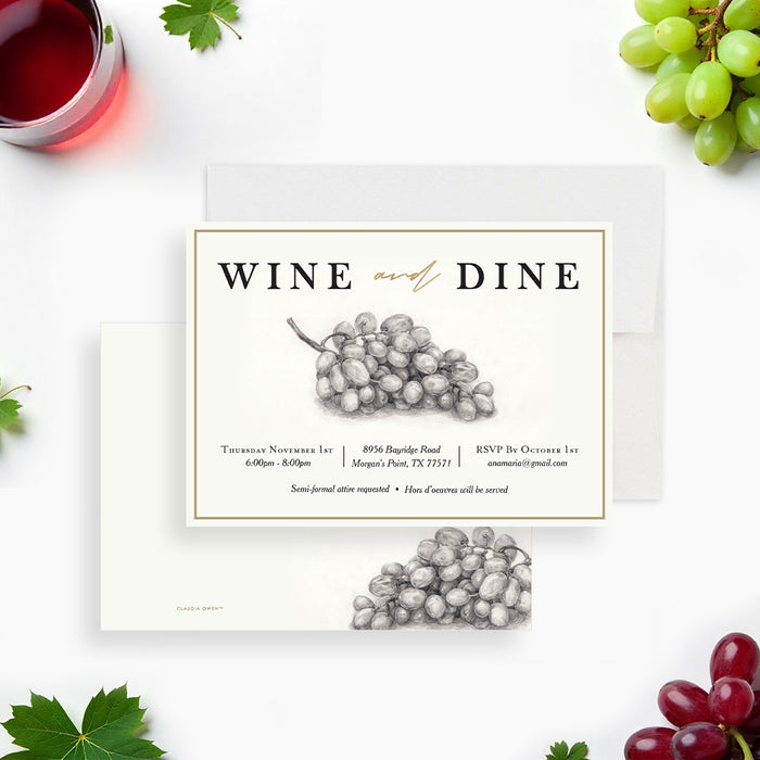 Wine and Dine invitation card featuring a grapevine sketch and elegant typography, customizable with event details.-front-back