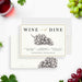 Wine and Dine invitation card featuring a grapevine sketch and elegant typography, customizable with event details.-front-back