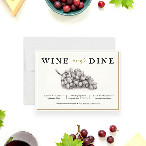 Wine and Dine invitation card featuring a grapevine sketch and elegant typography, customizable with event details.-front