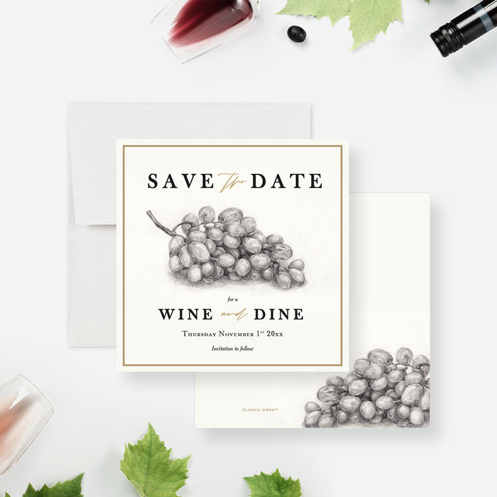 Elegant wine and dine save-the-date card featuring a grape sketch and customizable event details.-front-back